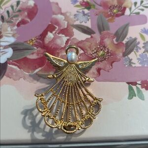 Gold Angel Pendant with Pearl Accent